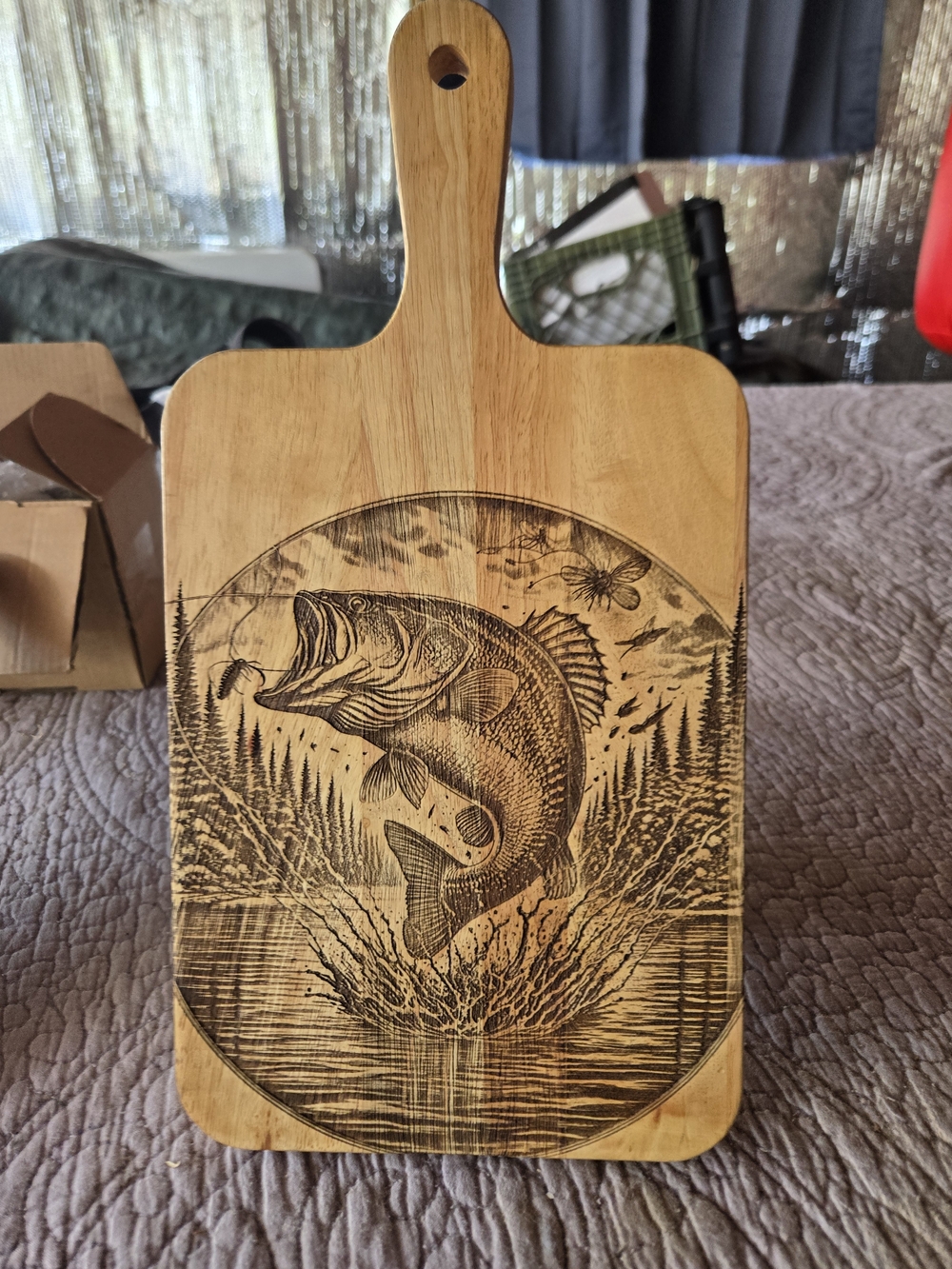 Custom Engraved Wood Fishing Bass Paddle Wall Decor - Natural Wood.